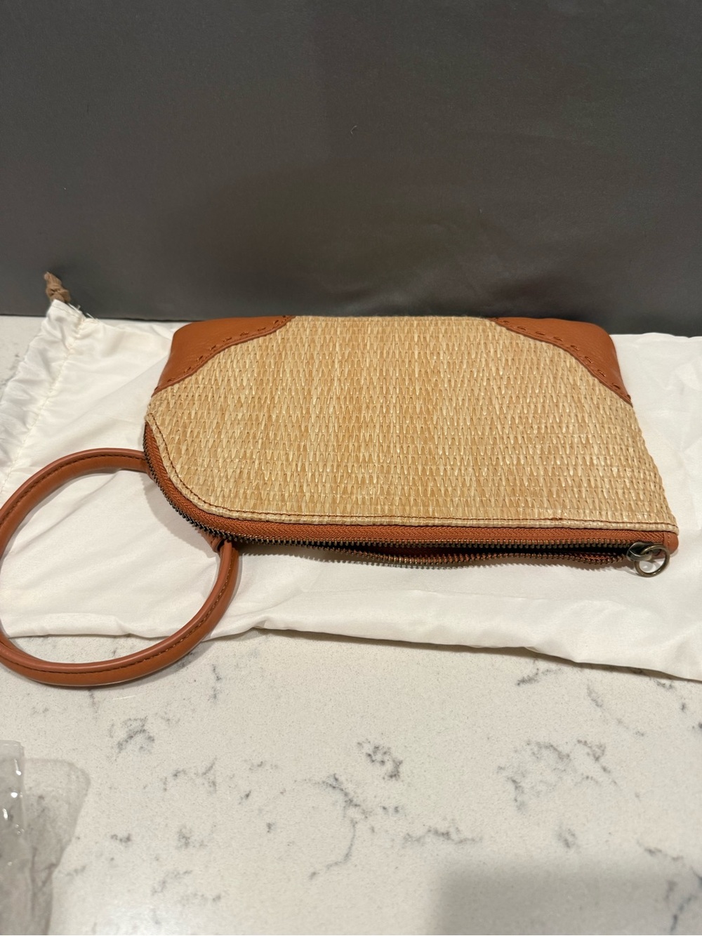 HOBO Tan Woven Wristlet with Brown Leather Ring Handle - Picture 14 of 16